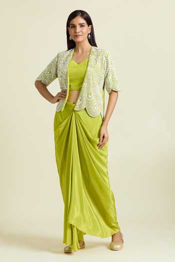 Buy_Samyukta Singhania_Green Crepe, Taffeta, Denim Sequins, Embellished Scalloped Jacket Skirt Set _at_Aza_Fashions