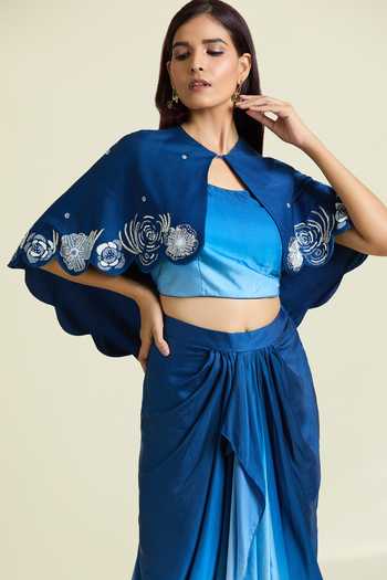 Buy_Samyukta Singhania_Blue Modal, Satin Sequins, Embellished Scalloped Cape Ombre Draped Skirt Set _at_Aza_Fashions