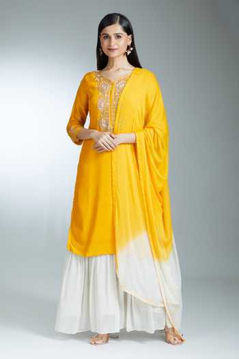 Buy_Samyukta Singhania_Yellow Silk Zari, Sequins, Embroidery, Pearls Paisley Zardozi Kurta Dress Set _at_Aza_Fashions