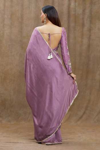 Shop_Samyukta Singhania_Purple Chanderi Silk Sequins, Embroidery Scoop Lace Bordered Saree With Blouse _at_Aza_Fashions