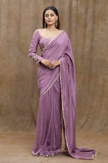Buy_Samyukta Singhania_Purple Chanderi Silk Sequins, Embroidery Scoop Lace Bordered Saree With Blouse _Online_at_Aza_Fashions