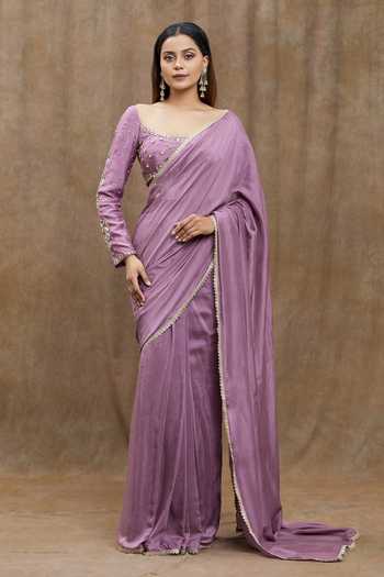 Shop_Samyukta Singhania_Purple Chanderi Silk Sequins, Embroidery Scoop Lace Bordered Saree With Blouse _Online_at_Aza_Fashions