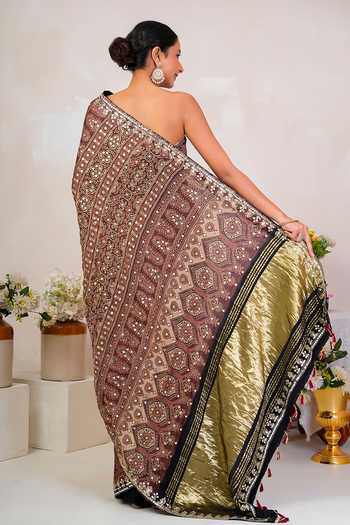 Shop_Geroo Jaipur_Brown Silk, Modal Scoop Neck Ajrakh Print Saree With Blouse _at_Aza_Fashions
