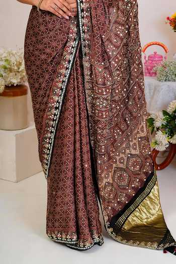Shop_Geroo Jaipur_Brown Silk, Modal Scoop Neck Ajrakh Print Saree With Blouse 