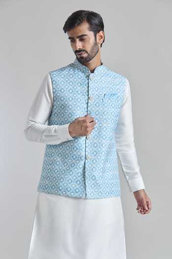 Arihant Rai Sinha_Blue Silk Sequins Printed Work Bundi _at_Aza_Fashions