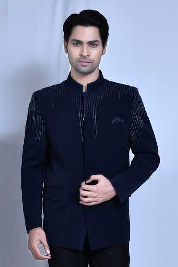 Buy_Arihant Rai Sinha_Blue Lycra, Rayon Cut Work Cutdana Embroidered Bandhgala Set _at_Aza_Fashions