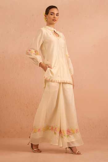 Tarini Vij_Off White Chanderi, Organza Embroidery, Beads, Gulrang Placement Kurta Set _Online_at_Aza_Fashions