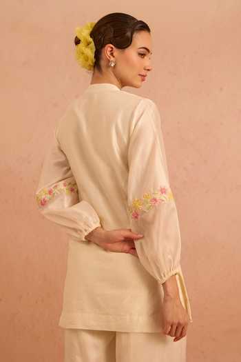 Shop_Tarini Vij_Off White Chanderi, Organza Embroidery, Beads, Gulrang Placement Kurta Set _at_Aza_Fashions