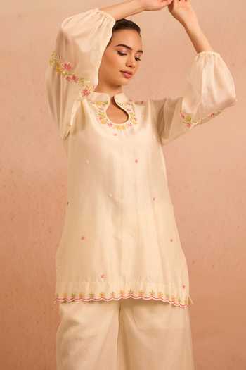 Buy_Tarini Vij_Off White Chanderi, Organza Embroidery, Beads, Gulrang Placement Kurta Set _Online_at_Aza_Fashions