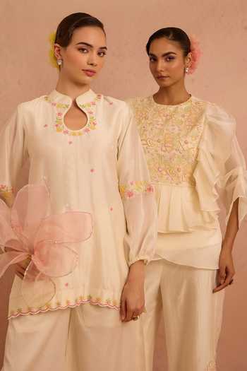 Tarini Vij_Off White Chanderi, Organza Embroidery, Beads, Gulrang Placement Kurta Set _at_Aza_Fashions