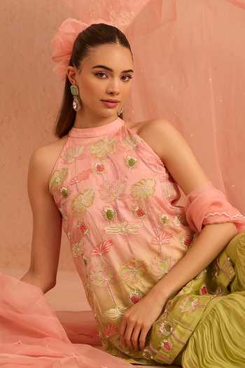 Tarini Vij_Multicolor Organza, Chiffon Halter Neck Leher Embroidered Kurta Sharara Set _Online_at_Aza_Fashions