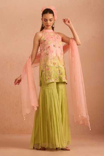 Shop_Tarini Vij_Multicolor Organza, Chiffon Halter Neck Leher Embroidered Kurta Sharara Set _at_Aza_Fashions