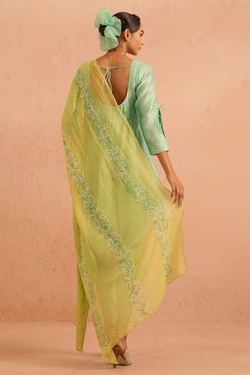 Shop_Tarini Vij_Green Chanderi, Crepe, Georgette V-neck Mehereen Asymmetric Kurta Set _at_Aza_Fashions