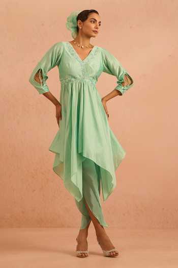 Shop_Tarini Vij_Green Chanderi, Crepe, Georgette V-neck Mehereen Asymmetric Kurta Set _Online_at_Aza_Fashions