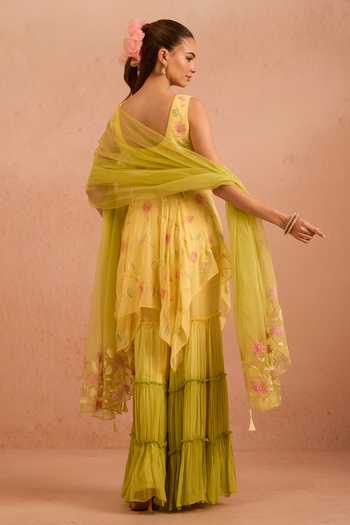 Shop_Tarini Vij_Yellow Georgette, Organza Split V-neck, Yes Naazgul Embroidered Kurta Set _at_Aza_Fashions
