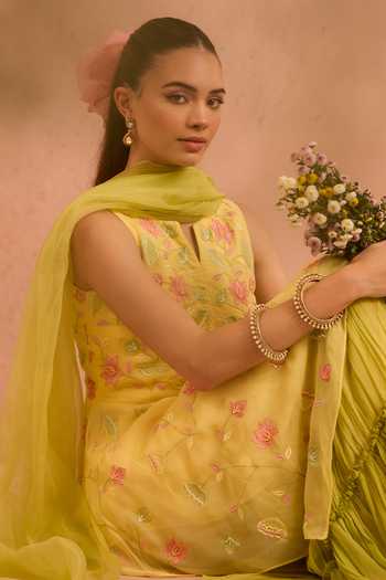 Shop_Tarini Vij_Yellow Georgette, Organza Split V-neck, Yes Naazgul Embroidered Kurta Set _Online_at_Aza_Fashions