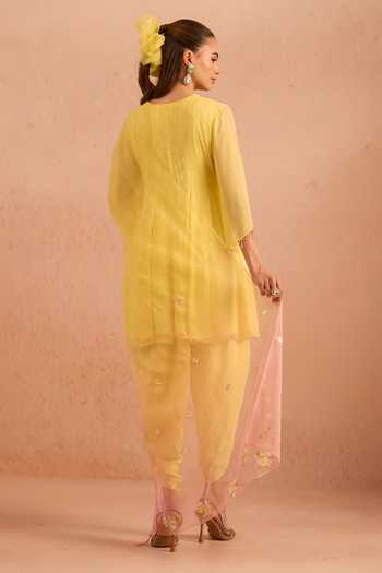 Shop_Tarini Vij_Yellow Georgette, Crepe, Organza V-neck, Yes Naazra Embroidered Kurta Set _at_Aza_Fashions