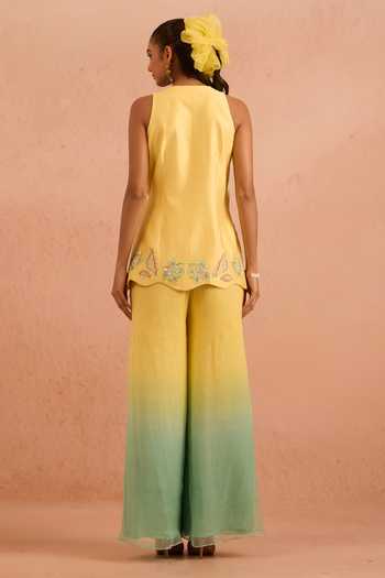 Shop_Tarini Vij_Yellow Chanderi, Chiffon V-neck, Yes Naazrang Embroidered Kurta And Palazzo Set _at_Aza_Fashions