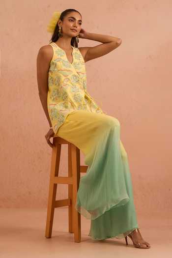 Tarini Vij_Yellow Chanderi, Chiffon V-neck, Yes Naazrang Embroidered Kurta And Palazzo Set _Online_at_Aza_Fashions