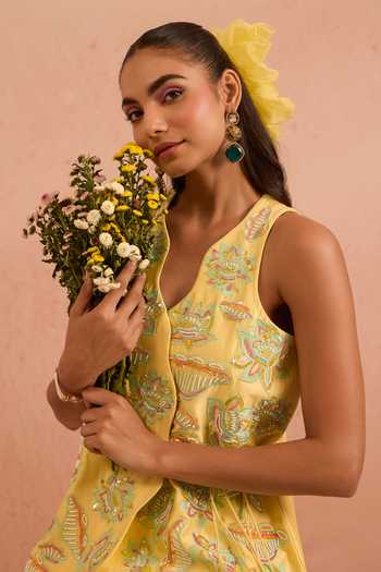 Buy_Tarini Vij_Yellow Chanderi, Chiffon V-neck, Yes Naazrang Embroidered Kurta And Palazzo Set _Online_at_Aza_Fashions