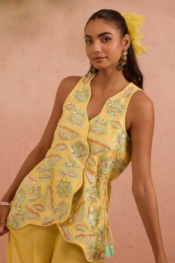 Shop_Tarini Vij_Yellow Chanderi, Chiffon V-neck, Yes Naazrang Embroidered Kurta And Palazzo Set _Online_at_Aza_Fashions