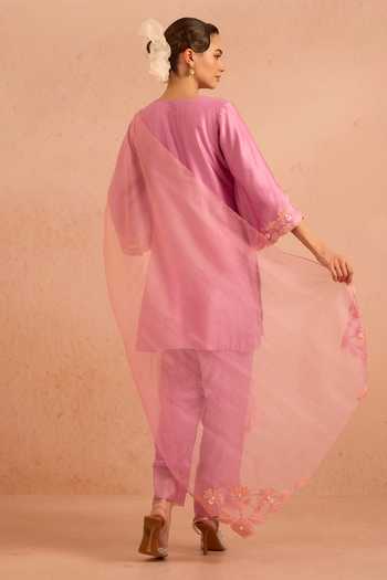 Shop_Tarini Vij_Purple Chanderi, Organza V-neck, Yes Ruh Floral Embroidered Kurta Set _at_Aza_Fashions