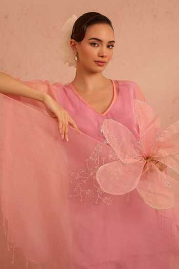 Tarini Vij_Pink Organza, Crepe V-neck Ruhani Floral Embroidered Kurta And Pant Set _Online_at_Aza_Fashions