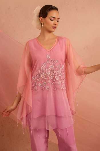 Buy_Tarini Vij_Pink Organza, Crepe V-neck Ruhani Floral Embroidered Kurta And Pant Set _Online_at_Aza_Fashions