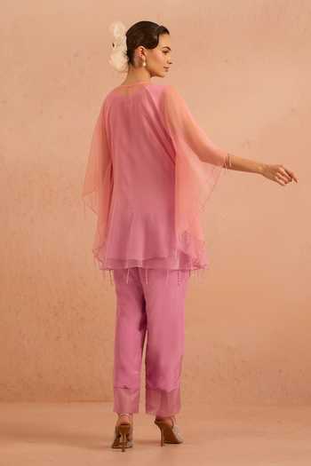 Shop_Tarini Vij_Pink Organza, Crepe V-neck Ruhani Floral Embroidered Kurta And Pant Set _at_Aza_Fashions