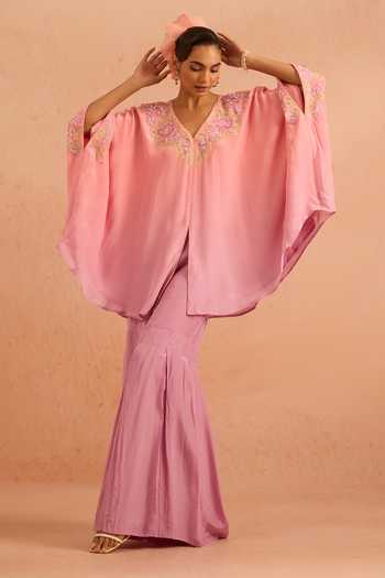 Tarini Vij_Pink Crepe V-neck Ruhbari Ombre Embroidered Kaftan And Gharara Set _Online_at_Aza_Fashions