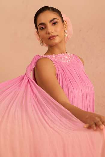 Tarini Vij_Purple Chiffon Round Neck Ruhzar Pleated Kurta And Sharara Set _Online_at_Aza_Fashions