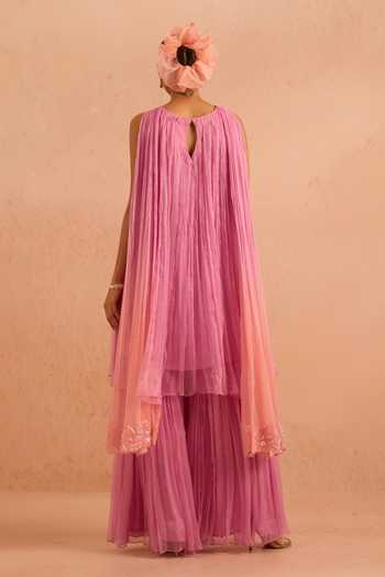 Shop_Tarini Vij_Purple Chiffon Round Neck Ruhzar Pleated Kurta And Sharara Set _at_Aza_Fashions