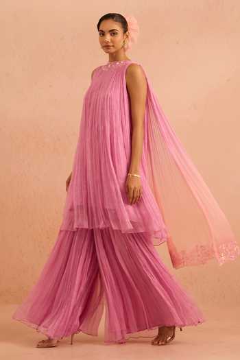 Buy_Tarini Vij_Purple Chiffon Round Neck Ruhzar Pleated Kurta And Sharara Set _Online_at_Aza_Fashions