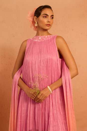 Shop_Tarini Vij_Purple Chiffon Round Neck Ruhzar Pleated Kurta And Sharara Set _Online_at_Aza_Fashions