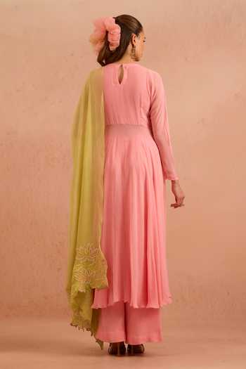 Shop_Tarini Vij_Pink Georgette V-neck Sabagul Embroidered Anarkali Set _at_Aza_Fashions