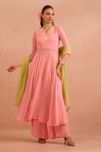 Tarini Vij_Pink Georgette V-neck Sabagul Embroidered Anarkali Set _Online_at_Aza_Fashions