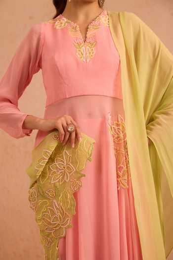 Buy_Tarini Vij_Pink Georgette V-neck Sabagul Embroidered Anarkali Set _Online_at_Aza_Fashions