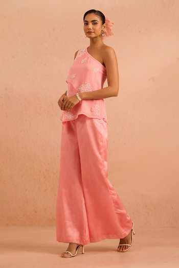 Tarini Vij_Pink Organza One Shoulder Sabah Embroidered Top And Palazzo Set _Online_at_Aza_Fashions