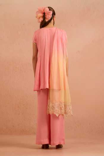 Shop_Tarini Vij_Pink Georgette, Organza V-neck, Yes Sabazeh Embroidered Flared Kurta Palazzo Set _at_Aza_Fashions