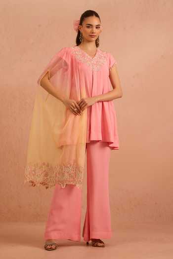 Tarini Vij_Pink Georgette, Organza V-neck, Yes Sabazeh Embroidered Flared Kurta Palazzo Set _Online_at_Aza_Fashions