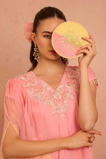 Buy_Tarini Vij_Pink Georgette, Organza V-neck, Yes Sabazeh Embroidered Flared Kurta Palazzo Set _Online_at_Aza_Fashions