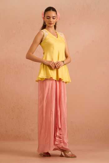Tarini Vij_Yellow Chanderi, Crepe V-neck Ziyanur Embroidered Top And Draped Skirt Set _Online_at_Aza_Fashions