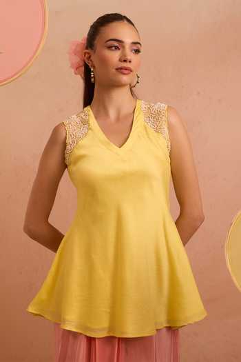 Buy_Tarini Vij_Yellow Chanderi, Crepe V-neck Ziyanur Embroidered Top And Draped Skirt Set _Online_at_Aza_Fashions