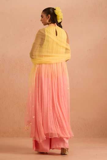 Shop_Tarini Vij_Multicolor Chiffon, Georgette, Organza High Neck, Yes Ziyat Ombre Pleated Kurta Set _at_Aza_Fashions