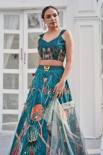 House Of Akshata_Emerald Green Silk Satin, Net Sweetheart Neck Floral Print Lehenga Set _Online_at_Aza_Fashions