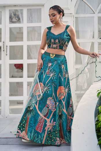Shop_House Of Akshata_Emerald Green Silk Satin, Net Sweetheart Neck Floral Print Lehenga Set _at_Aza_Fashions