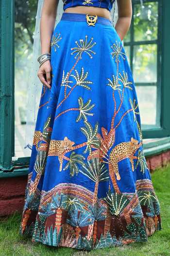 House Of Akshata_Sapphire Silk, Satin, Net Sweetheart Neck Safari Hand Embroidered Lehenga Set _Online_at_Aza_Fashions