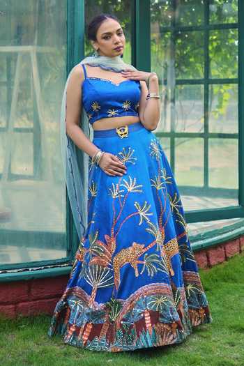 Shop_House Of Akshata_Sapphire Silk, Satin, Net Sweetheart Neck Safari Hand Embroidered Lehenga Set _at_Aza_Fashions