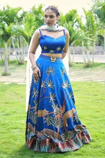 Buy_House Of Akshata_Sapphire Silk, Satin, Net Sweetheart Neck Safari Hand Embroidered Lehenga Set _at_Aza_Fashions