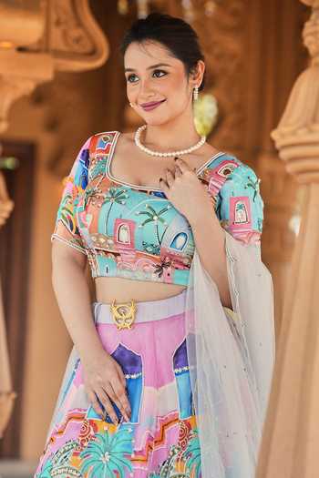 House Of Akshata_Multi Color Silk, Satin, Net Square Neck Rang Mahal Hand Embroidered Lehenga Set _Online_at_Aza_Fashions